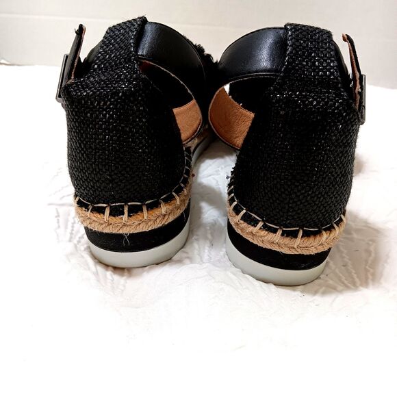 Crown Vintage Bonire 2 Women’s Sz 8.5 Black/Tan Sandal Ankle Strap Fringe Burlap - Picture 4 of 9